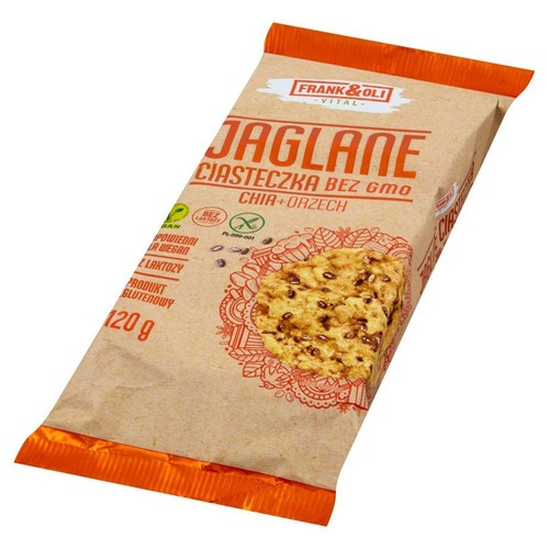 Ciastka wegańskie, bezglutenowe, bez laktozy jaglane z dodatkiem orzecha ziemnego i nasion szałwii hiszpańskiej „Chia" (Salvia hispanica). Frank&Oli 120 g
